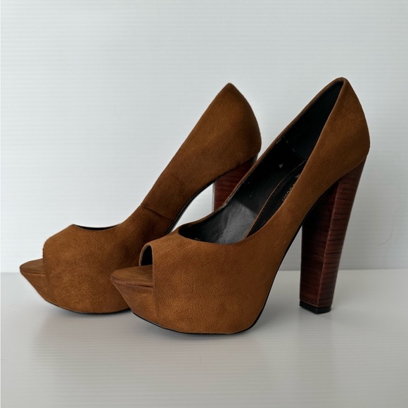 Diego Torreblanca Suede Platform Heels Brown with Wooded Like Heels Size 7.5 US - Picture 1 of 9